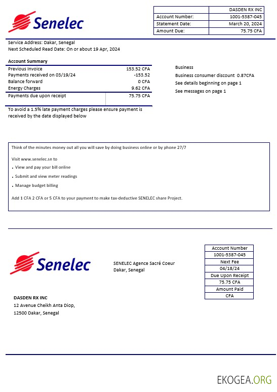 Sénégal Senelec Agence Sacré Coeur Company Modèle de facture de services publics d'électricité aux formats Word et PDF